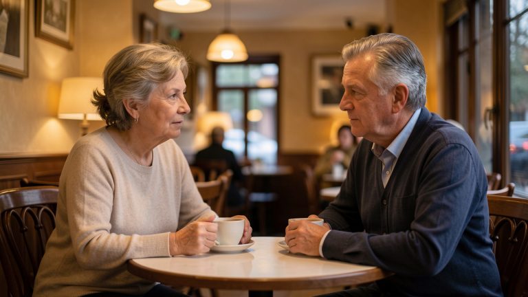 Une femme et un homme d’âge mûr discutent calmement autour d’un café dans une atmosphère respectueuse et chaleureuse.