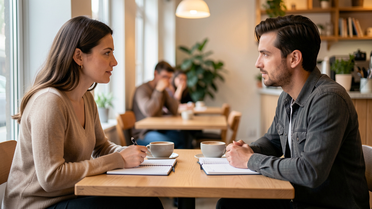 Une femme et un homme discutent calmement de leurs limites personnelles avant une première rencontre, dans un café lumineux et paisible.