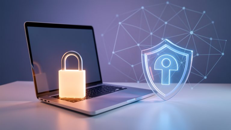 Ordinateur portable entouré d’un cadenas et d’un bouclier lumineux, symbolisant la sécurité et la confidentialité en ligne.