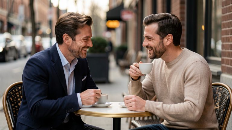 Deux hommes discutent chaleureusement autour d’un café sur une terrasse urbaine élégante.